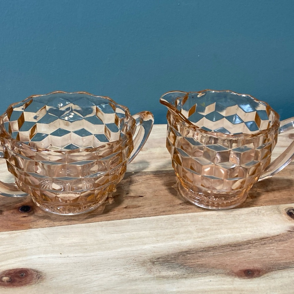 Pink Depression Glass Creamer And Sugar Bowl Jeanette Vintage Pastel